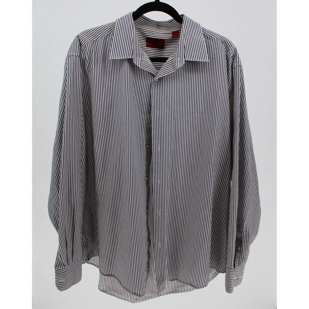 Alfani Fitted XXL $59 Black White Pinstripe Performance Button Front Dress Shirt - Picture 2 of 8